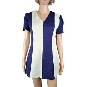 Vintage Handmade Blue Cream Colorblock Short Sleeve Mini Dress Medium Mod Space